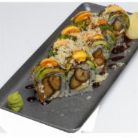 Plantain Roll · Sweet plantain, mango, cream cheese,. torched avocado, spicy mayo, eel sauce.