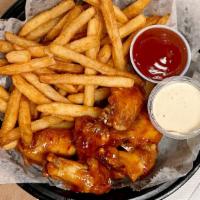 Wings (Cut Wing) · comes with ranch/blue cheese, ketchup, and your choice of side.