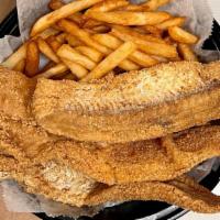Whiting (3 Pcs) · Seasoned with lemon pepper and comes with tartar sauce, ketchup, and your choice of side.