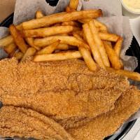 Swai Catfish Fillet (2 Pcs) · Seasoned with lemon pepper and comes with tartar sauce, ketchup, and your choice of side.