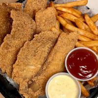 Tilapia (3 Pcs) · Seasoned with lemon pepper and comes with tartar sauce, ketchup, and your choice of side.
