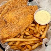 Flounder (3 Pcs.) · Seasoned with lemon pepper and comes with tartar sauce, ketchup, and your choice of side.