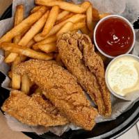 Ocean Perch (3 Pcs) · Seasoned with lemon pepper and comes with tartar sauce, ketchup, and your choice of side.