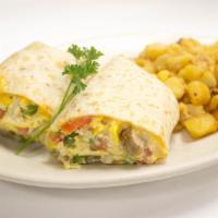 Breakfast Wrap · Eggs, sausage, peppers, onions, tomatoes and Cheddar, Jack cheese in a flour tortilla with h...