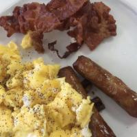 Egg (2) Breakfast With Bacon & Sausage Links · All omelettes and egg orders are served with potatoes and toast with butter and jelly bagel ...