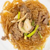 Japchae Appetizer · Clear noodle made from sweet potato starch in house special sauce. Served with beef bulgogi ...
