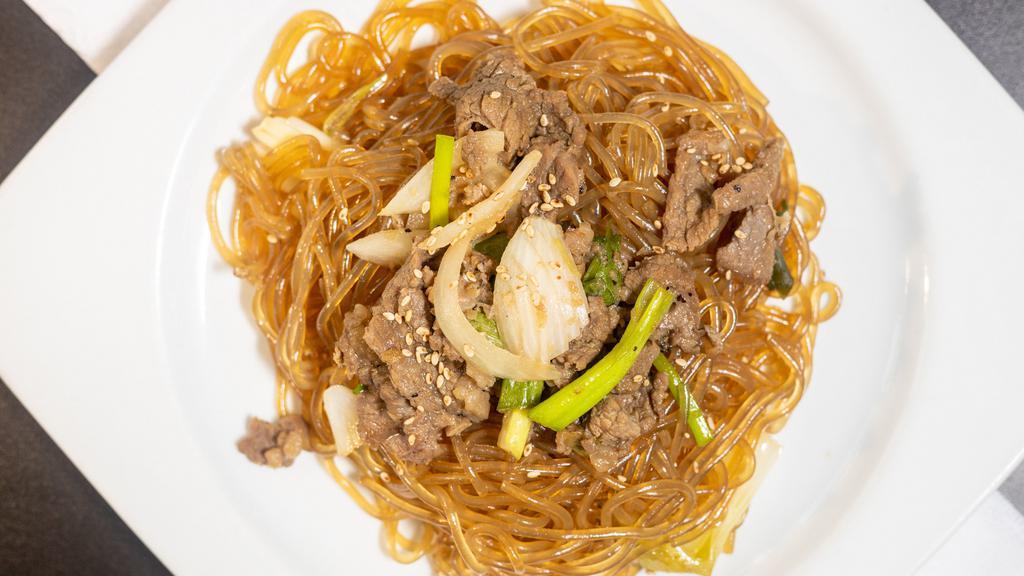 Japchae Appetizer · Clear noodle made from sweet potato starch in house special sauce. Served with beef bulgogi on top