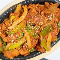 Spicy Pork · Thinly sliced grilled pork belly marinated in spicy Korean miso w/ vegetables