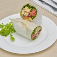 Chicken Salad Wrap · Green pesto, kale, cucumber, green pepper, and shredded carrot.