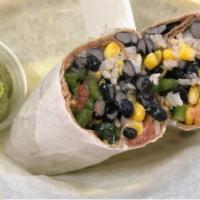 Powerfuel Burrito · Veggie patty, brown rice, black beans, corn, bell pepper, tomato and onions. served with gua...