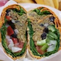 Vegan Patty Wrap · a light spread of roasted bell pepper hummus. fresh spinach, onions, tomato and bell pepper,...