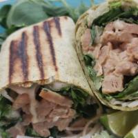 Chicken (Not!) Caesar Wrap · vegan cheese, romaine lettuce, Chicken style soy curls drizzled with our homemade vegan Caes...