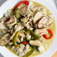 Green Curry · Spicy. Green curry sauce garnished with red bell peppers, green beans and eggplant. With cho...