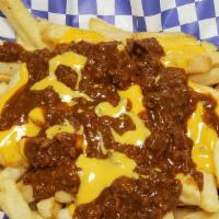 Chili Cheese Fries · Golden crisp French fries topped with beef chili and cheese.