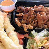 Chicken Teriyaki & Shrimp Tempura · Served with garden  salad, 3 dumplings, 3 pieces of shrimps tempura , and 4 pieces of Califo...