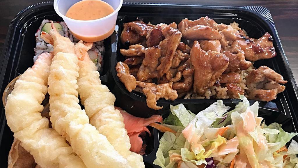 Chicken Teriyaki & Shrimp Tempura · Served with garden  salad, 3 dumplings, 3 pieces of shrimps tempura , and 4 pieces of California Roll.