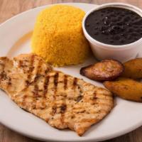 Combo 3: Grilled Chicken Breast · 1/2 lb. Two sides included rice, black beans, sweet plantain, salad, or French fries and soda.