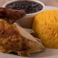 Combo 1: 1/4 Chicken · Two sides included rice, black beans, sweet plantain, salad, or French fries and soda.