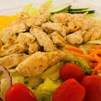 Grilled Chicken Salad · Enjoy This Fresh DELICIOUS Grilled Chicken Salad. Crisp Lettuce, Cheese, Tomatoes, Cucumbers...