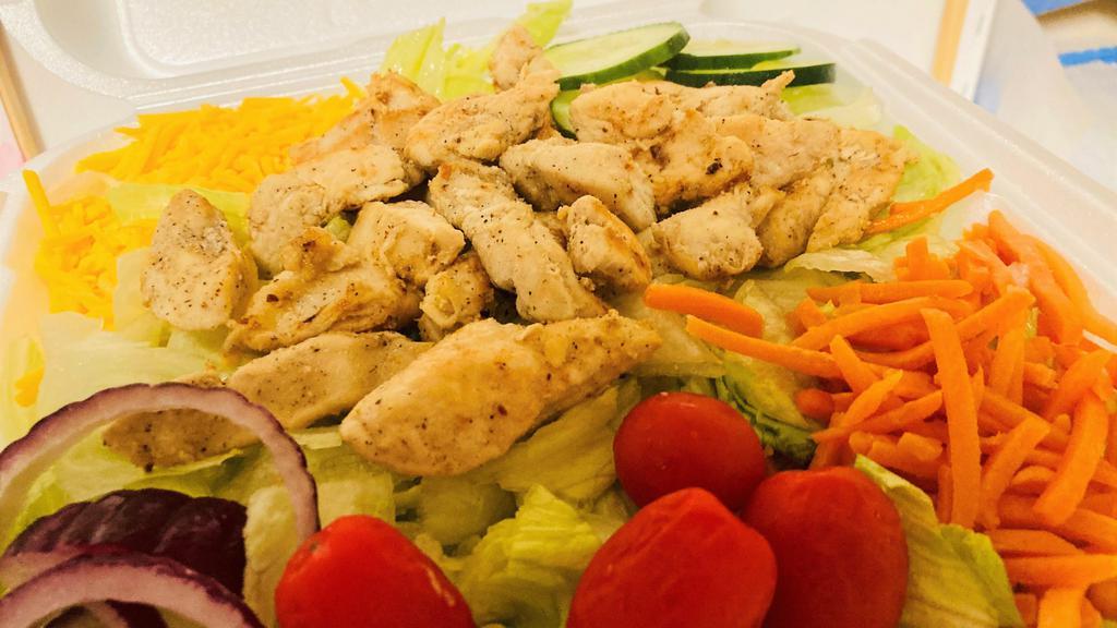 Grilled Chicken Salad · Enjoy This Fresh DELICIOUS Grilled Chicken Salad. Crisp Lettuce, Cheese, Tomatoes, Cucumbers, Onions, and Carrots. With your  Choice of Dressing: Caesar, Italian, Ranch, Thousand Island or  Blue Cheese