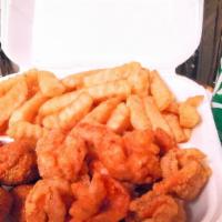 8 Pc Shrimp Combo Served W/Fries · Mouth watering golden butterfly shrimp served with crispy golden fries, hush puppies and coc...