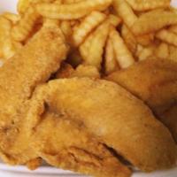 2 Pc Fish W/6 Pc Shrimp · 2 pcs of tilapia served with 6 golden butterfly shrimp and hushpuppies.
