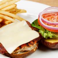 Cajun Chicken Club · grilled chicken & bacon with melted cheddar, lettuce, tomato, red onion & dijon honey sauce