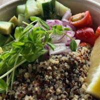 Grain Quinoa Bowl · Quinoa, avocado, tomatoes, cucumber, spring mix, sprouts, lemon