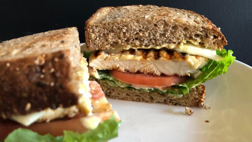 Grilled Chicken Sandwich · Multigrain or white bread, cheese, tomatoes, lettuce, mayo, mustard, grilled chicken