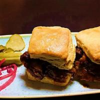 Smoked Brisket Biscuits · pickled onion & cucumber, house-made bbq sauce -two served-