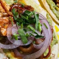 Tofu Al Pastor Tacos · Guacamole spread, tofu, grilled onion and pineapple, cilantro (side of Mexican rice and refr...