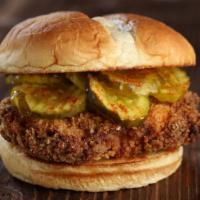 The Spicy Chick · The Spicy Chick - spicy fried chicken, jalapeno-honey mustard, topped with bread &
butter pi...