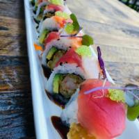 All In One Roll · Tuna, salmon, yellowtail, shrimp tempura, avocado, 26 yum yum sauce, eel sauce