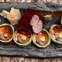 Under The Sea Roll (No Rice) · Tuna, salmon, white tuna, crab meat, avocado, masago, wasabi yuzu sauce, wrap with cucumber