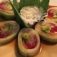 Naruto · Tuna, salmon, yellowtail, crab, and avocado inside, wrapped with cucumber, served with ponzu...