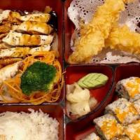 Chicken Teriyaki Bento Box · 2pc Shrimp tempura 1 California roll With soup and salad.
