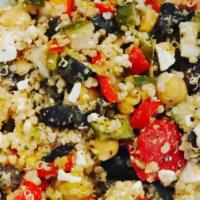 The Med Bowl · Quinoa, parsley, cucumbers, chickpeas, red, green and yellow bell peppers, black olives, sea...