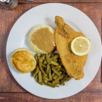 Fried Catfish Meal · Served with Choice of 2 sides and Cornbread Muffin.