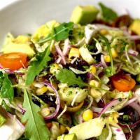 Chopped Vegetable Salad · Baby mix greens, corn, tomato, olives, avocado, beets, onions, cucumber, and oregano dressing.