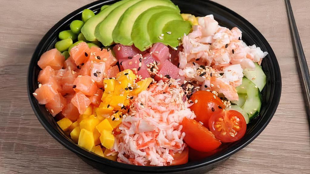 Medium Poke Bowl · 3 scoops of sushi-grade protein served with choice of bases, mix-in flavors and toppings. For those who crave that 3rd serving of our fresh, delectable and hand-trimmed protein.
