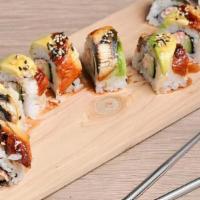 Dragon Roll · California Roll with Eel,  Avocado layered on Top. Drizzled with Sweet Aioli.