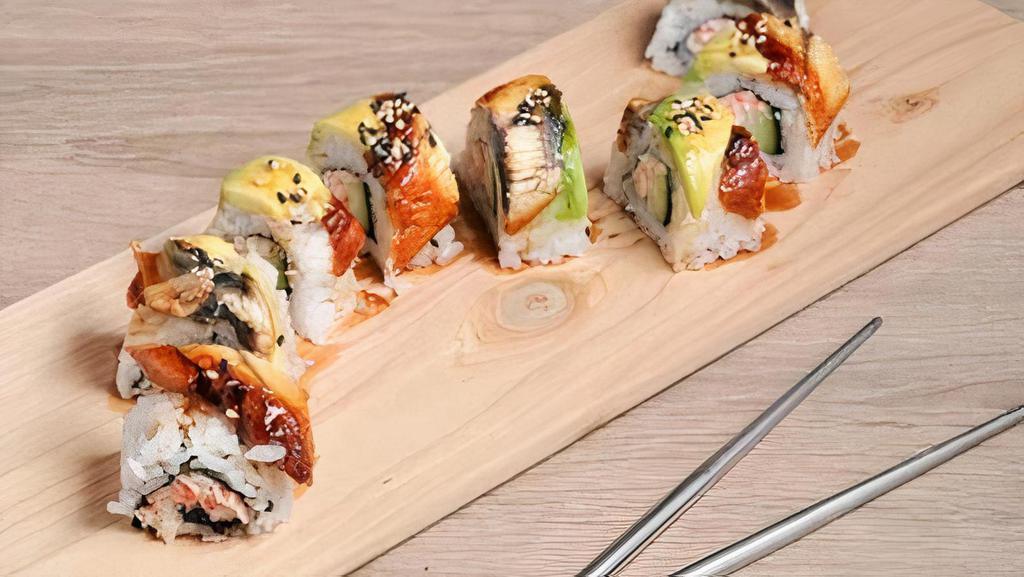 Dragon Roll · California Roll with Eel,  Avocado layered on Top. Drizzled with Sweet Aioli.