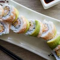 Shrimp Lover Roll · Shrimp and avocado on top. Tempura shrimp, crabmeat roll, cucumber inside. Drizzled with Swe...