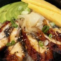 Unagi Don (Eel Rice Bowl) · Grilled Eel Fillets with Eel Sauce, Avocado, Tamago and Ginger on top of Rice
