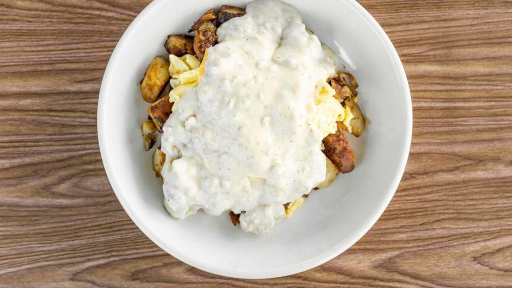 Mom'S Special · Two Eggs & Cheese Topped with Potatoes ( Hashbrowns or Home Fries) or Grits and Smothered with Our Homemade Sausage Gravy
