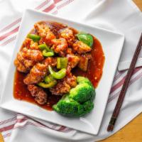 General Tso'S Chicken · Crispy fried chicken, rec & green bell peppers in sweet & spicy brown sauce with broccoli.