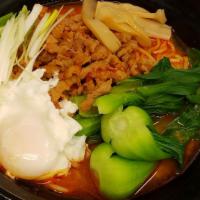 Spicy Tan Tan Ramen · Spicy minced pork, bamboo shoots, Chinese vegetables, scallions, fried egg