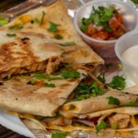 Quesadilla · Most popular. American blend of cheeses, sauté onions, and your peppers with your choice of ...