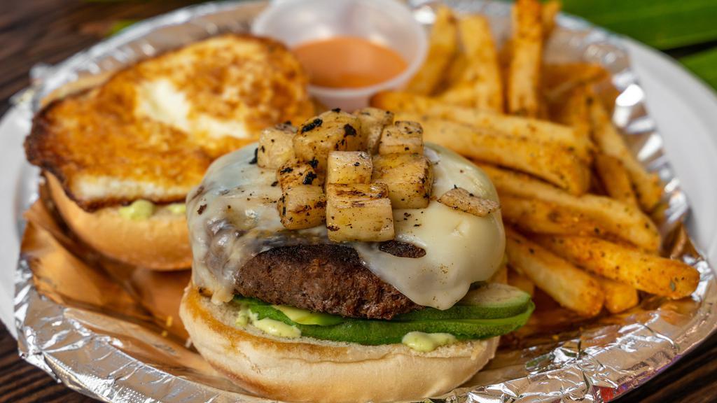 The Boho Burger · Most popular. Eight oz. seasoned beef patty, grilled pineapple, avocado, fried egg, and Oaxaca cheese. Served with fries.
