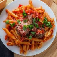 Meatball Marinara Penne Pasta · The classical marinara sauce mixed with cooked with meatballs, penne pasta, ricotta cheese, ...